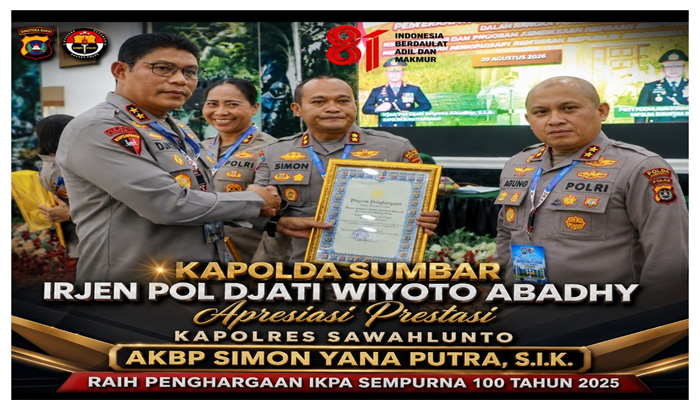 Kapolda Sumbar Irjen Pol Djati Wiyoto Abadhy Apresiasi Kapolres Sawahlunto AKBP Simon Yana Putra Raih IKPA 100