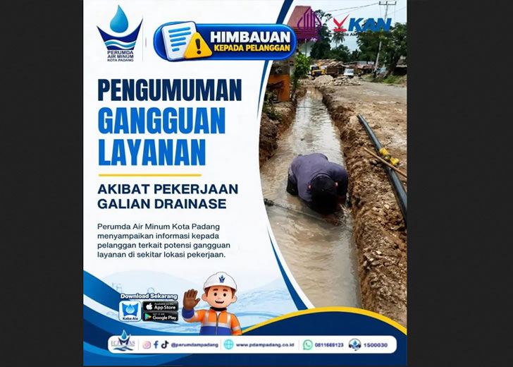 Perumda Air Minum Padang Imbau Warga Siapkan Cadangan Air di 7 Titik Galian Drainase